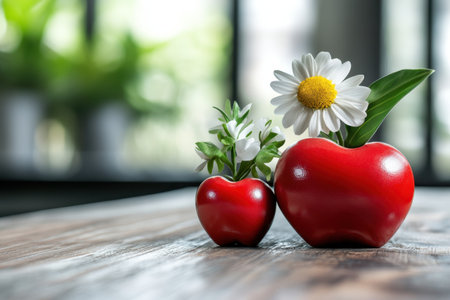 Two charming red heart-shaped vases hold fresh flowers on a rustic wooden table in a sunny room.の写真素材