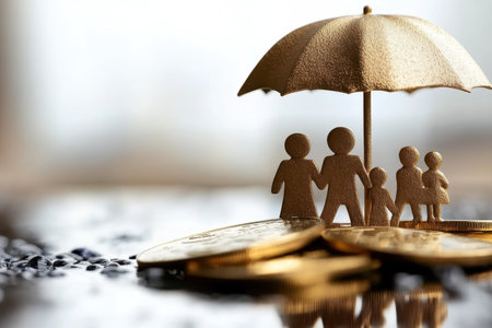 A family stands together under a golden umbrella on top of shiny coins, symbolizing financial security.の写真素材