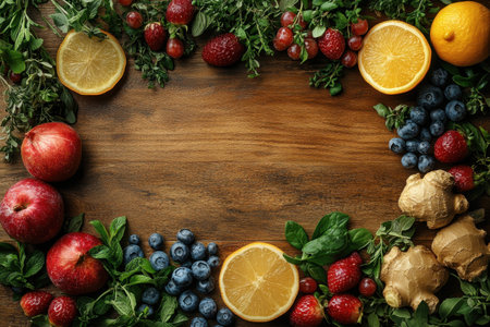 A variety of colorful fruits and fresh herbs are arranged neatly on a rustic wooden surface.の写真素材