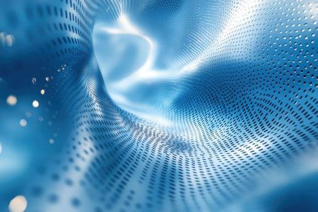 A mesmerizing blue wave pattern flows with light, creating an abstract atmosphere reminiscent of digital art.の写真素材