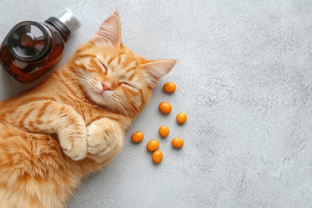 A content orange kitten rests with its paws crossed next to a small bottle and treats on a gray background.の写真素材