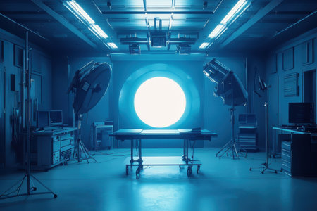 The laboratory features advanced lighting and equipment arranged for scientific research and experiments.の写真素材