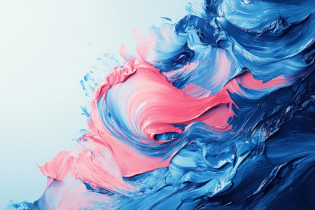 Bright swirls of pink and blue paint blend together, creating a dynamic and artistic backdrop.の写真素材