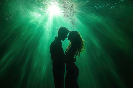 A couple shares a tender moment underwater, bathed in ethereal green light with sunlight filtering down.の写真素材