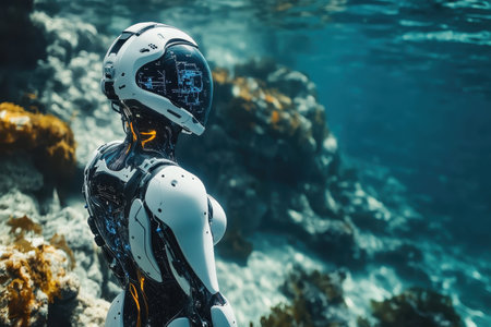 A humanoid robot with a sleek design surveys a vibrant underwater ecosystem surrounded by coral.の写真素材