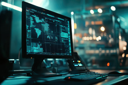 A modern computer setup shows a vibrant screen filled with analytics and a map visualization.の写真素材