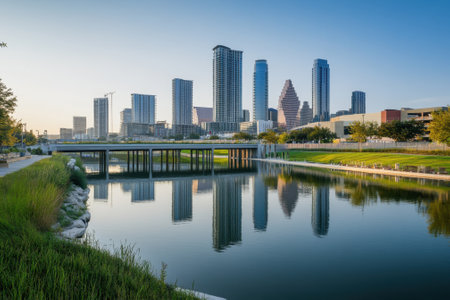 A stunning city skyline is mirrored in the tranquil water, surrounded by lush greenery under a clear sky.の写真素材