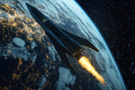 A rocket soars into the night sky, lighting up the Earth below with fiery exhaust amid the stars.の写真素材