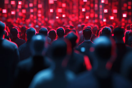 A large crowd of people stands immersed in a dynamic atmosphere created by colorful digital screens.の写真素材