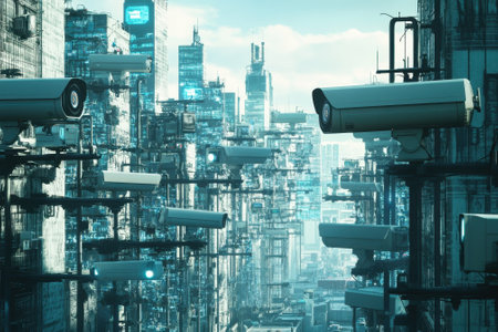 Advanced surveillance systems fill a sprawling city filled with glossy buildings and technology under a blue sky.の写真素材