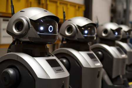 Four sleek, humanoid robots stood in a high-tech lab showcasing advanced design and technology.の写真素材