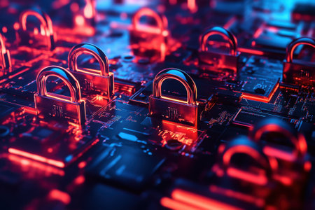 Brightly colored padlocks rest on circuit boards, representing the importance of cybersecurity and protecting data.の写真素材
