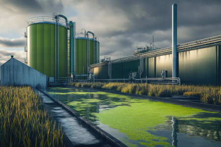 Large green storage tanks dominate the industrial area next to a waterway covered in algae, under a cloudy sky.の写真素材