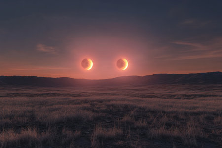 A breathtaking view of two eclipsing celestial bodies illuminates a serene landscape during dusk.の写真素材