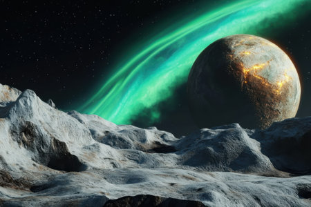 A breathtaking cosmic landscape showcasing a distant planet and its luminous rings in a star-filled sky.の写真素材