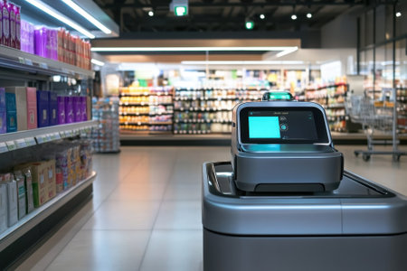A small robot assists shoppers in a grocery store, navigating through the bustling aisles filled with products.の写真素材