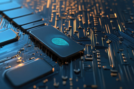 A close-up view of a smartphone fingerprint scanner placed on a circuit board, glowing with blue light.の写真素材