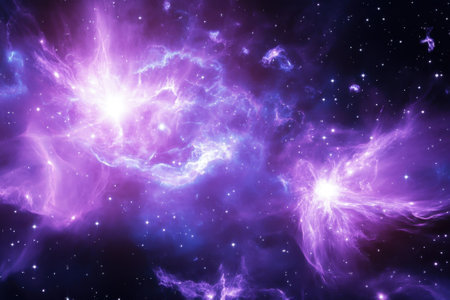 Brilliant shades of purple illuminate the cosmos, showing celestial phenomena in deep space.の写真素材