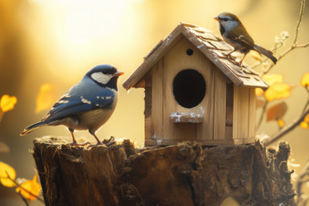 Two bluebirds explore a wooden birdhouse against a warm, glowing autumn backdrop filled with leaves.の写真素材