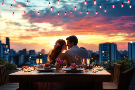 A couple enjoys a romantic dinner at sunset on a rooftop overlooking the city skyline, with soft lighting.の写真素材
