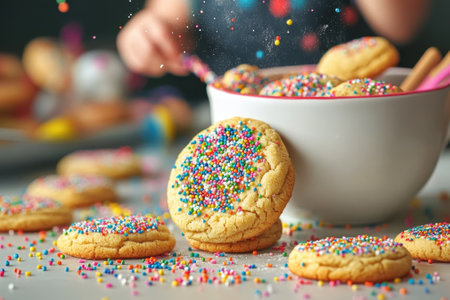 Cookies covered in colorful sprinkles surround a bowl filled with more dough in a bright kitchen.の写真素材