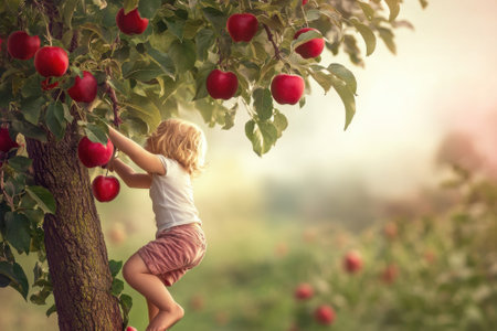 A young child enjoys climbing an apple tree in an orchard, reaching for lush, red apples under soft sunlight.の写真素材