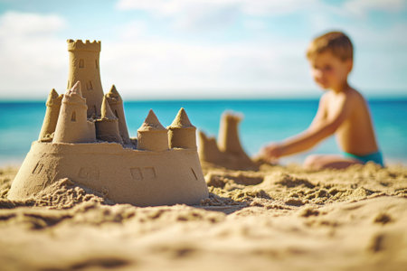 A young child constructs a sandcastle on a sandy beach while enjoying a bright and sunny day.の写真素材