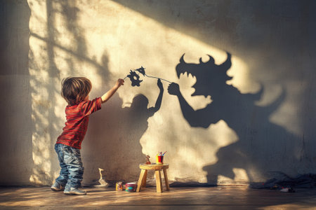 A young child engages in playful shadow puppet activities, casting creative shapes on the wall.の写真素材
