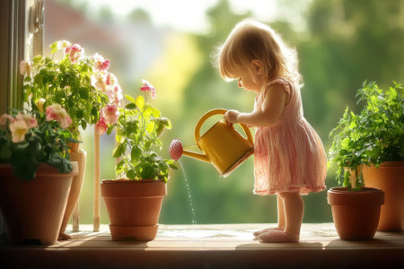 A young child in a pink dress is watering blooming flowers in pots on a sunny day.の写真素材