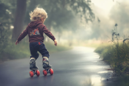 A child skates joyfully on a serene path, surrounded by misty trees in a tranquil park setting.の写真素材