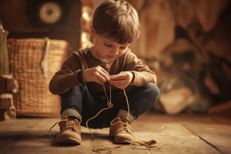 Young boy carefully threads string while sitting on the wooden floor in a warm and rustic room.の写真素材