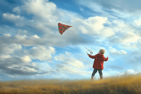 A young boy joyfully flies a bright kite in a lush field, enjoying a breezy afternoon under expansive clouds.の写真素材