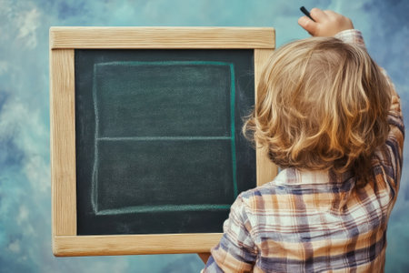 A child with curly hair stands in front of a chalkboard, ready to create art in a playful atmosphere.の写真素材