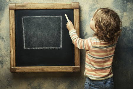A young child with curly hair writes on a chalkboard, showing creativity in a warm, inviting room.の写真素材