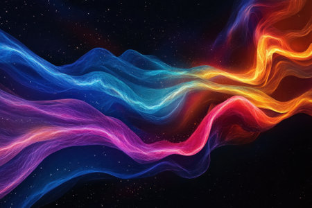 Vibrant waves of color flow across a dark cosmic background, merging and creating a dynamic scene.の写真素材