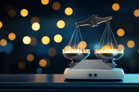 A set of shining scales representing justice sits on a table, softly lit by ambient light in the background.の写真素材