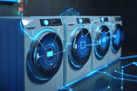 Smart washing machines feature digital displays and connectivity in a contemporary laundry space.の写真素材