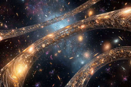 Colorful cosmic rings intertwine amidst glowing stars and distant galaxies in this breathtaking space visualization.の写真素材
