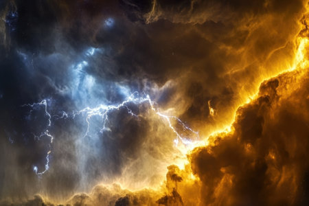 An intense thunderstorm creates a breathtaking contrast with blue and orange lightning illuminating the dark clouds.の写真素材