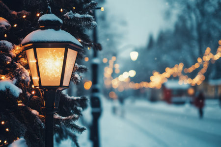 Soft snow blankets the ground as glowing lampposts line the street, creating a cozy winter atmosphere.の写真素材