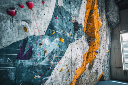 Climbers navigate challenging routes on a vibrant indoor rock climbing wall designed for all skill levels.の写真素材