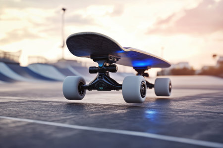 A skateboard is positioned on dark pavement at a skatepark during sunset, highlighting its sleek design and colors.の写真素材