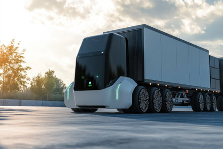 A sleek, autonomous electric truck stands on the road, showcasing advanced technology under a sunset sky.の写真素材