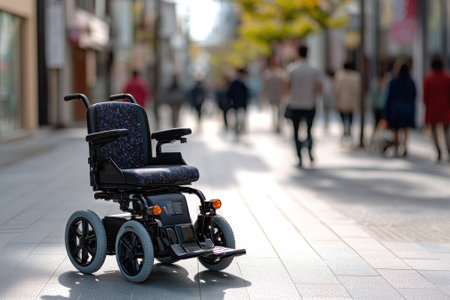 A motorized wheelchair is stationed on a bustling city street with blurred pedestrians in motion.の写真素材