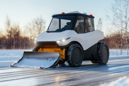 A modern snow plow efficiently removes snow from a slick road under clear skies during winter.の写真素材