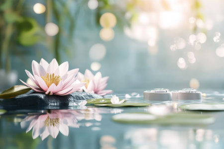 Water lilies bloom gracefully on calm water, creating a peaceful atmosphere filled with soft light.の写真素材