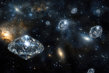 Shimmering diamonds drift in the cosmos, surrounded by colorful galaxies and twinkling stars in space.の写真素材