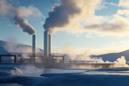 Smoke rises from industrial stacks as sunlight casts a warm glow on the surrounding mountains and water.の写真素材