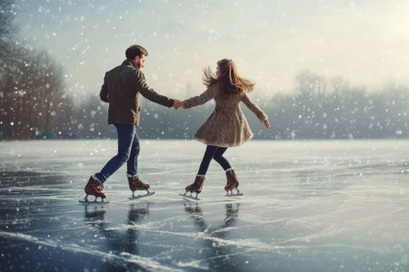 Two people gracefully skate hand in hand on a frozen lake under a snow-filled sky during winter.の写真素材