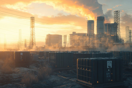 A colorful sunrise lights up an industrial area with cargo containers and smokestacks puffing smoke.の写真素材